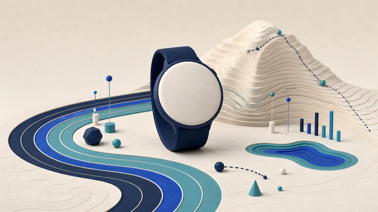 En generisk rund wearable-form ved løbebaner, terræn og træningsmarkører.