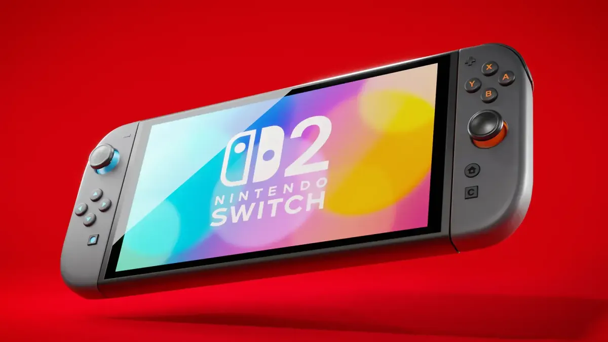 Nintendo Switch 2 med Joy-Con-controllere på en rød baggrund.