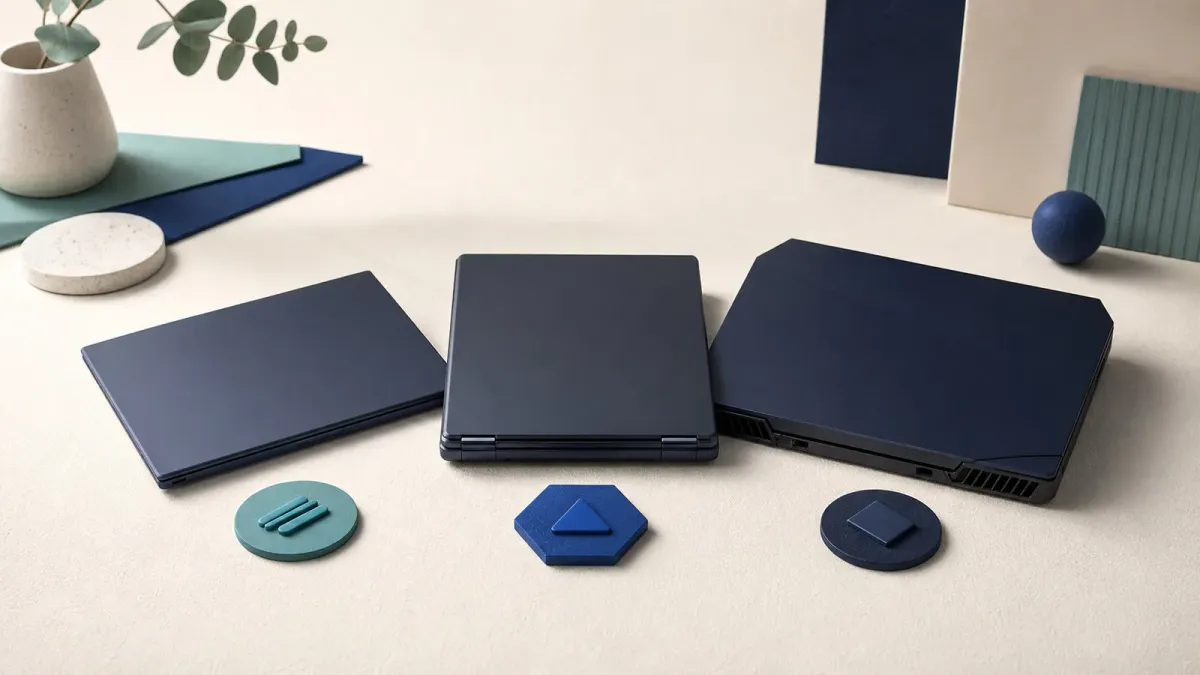 Tre generiske mørke laptops i tyndt, professionelt og kraftigt format med abstrakte brikker.