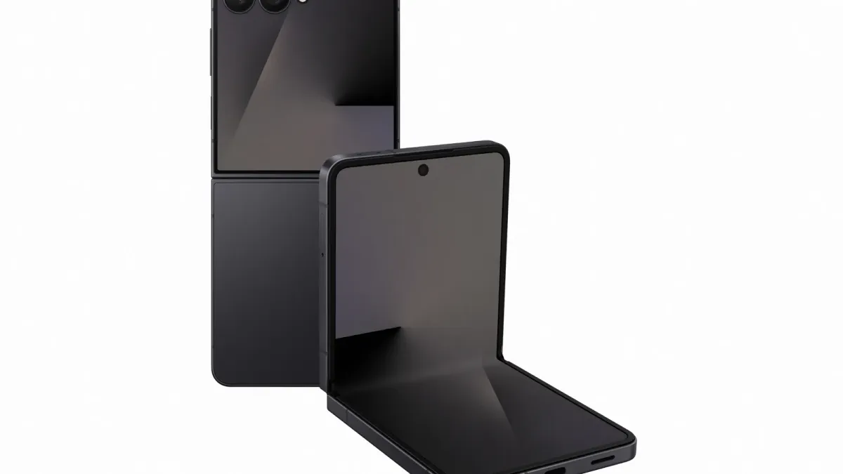 To sorte foldbare Samsung-telefoner vist henholdsvis åbne i flad og delvist foldet position.