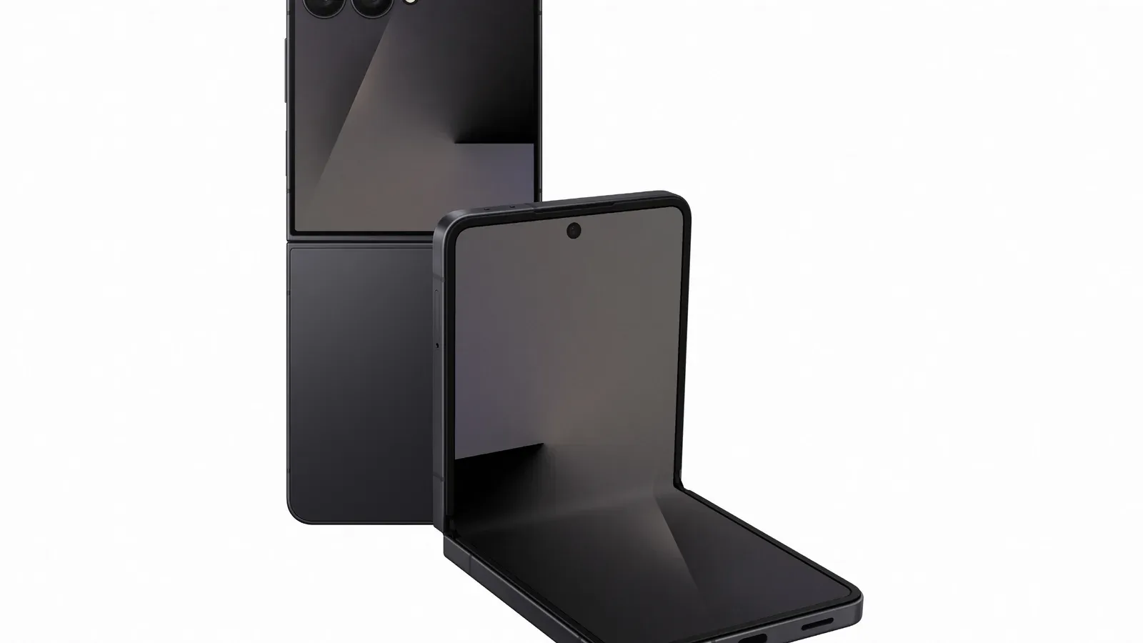 To sorte foldbare Samsung-telefoner vist henholdsvis åbne i flad og delvist foldet position.