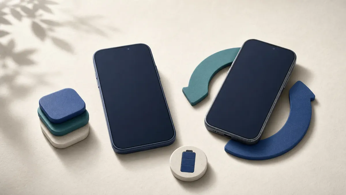 To generiske mørke telefonformer med genbrugspile, batteribrik og stablede lagringsbrikker.