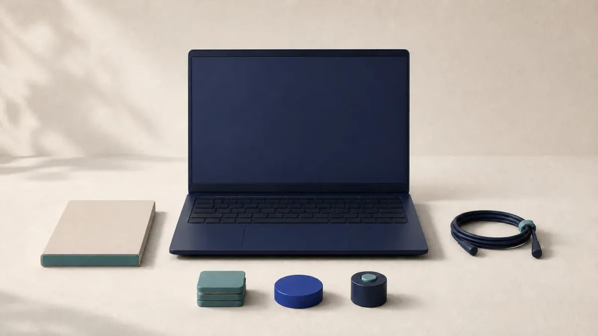 En generisk mørk laptop med blank skærm, notesbog, kabel og abstrakte studiebrikker.