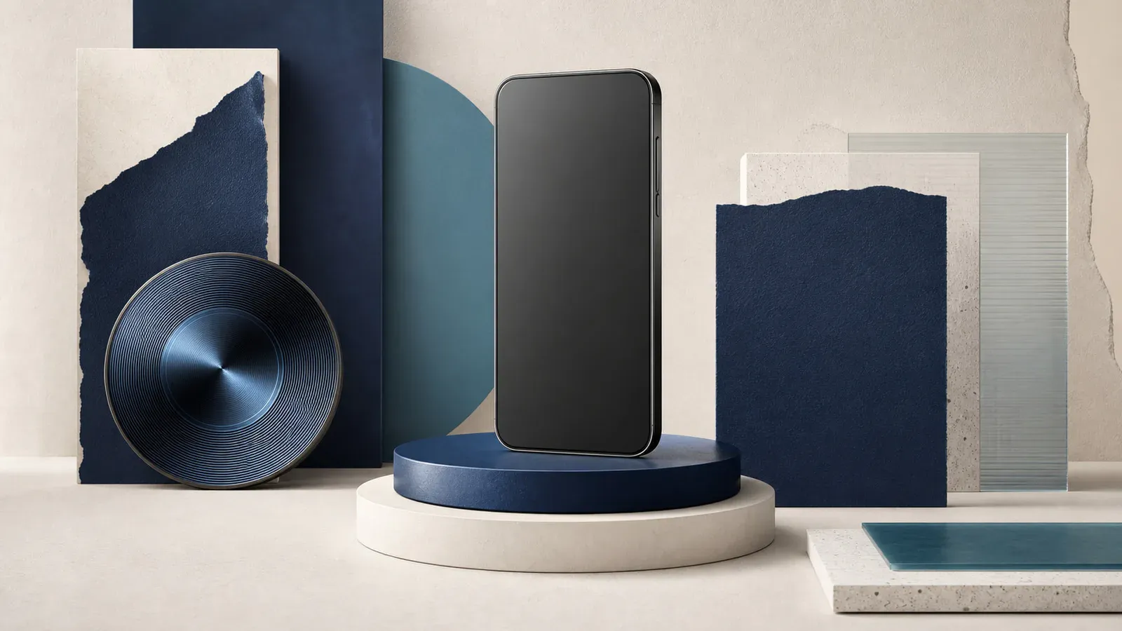 En generisk premiumtelefon ved lagdelte materialer og en abstrakt optisk skive.