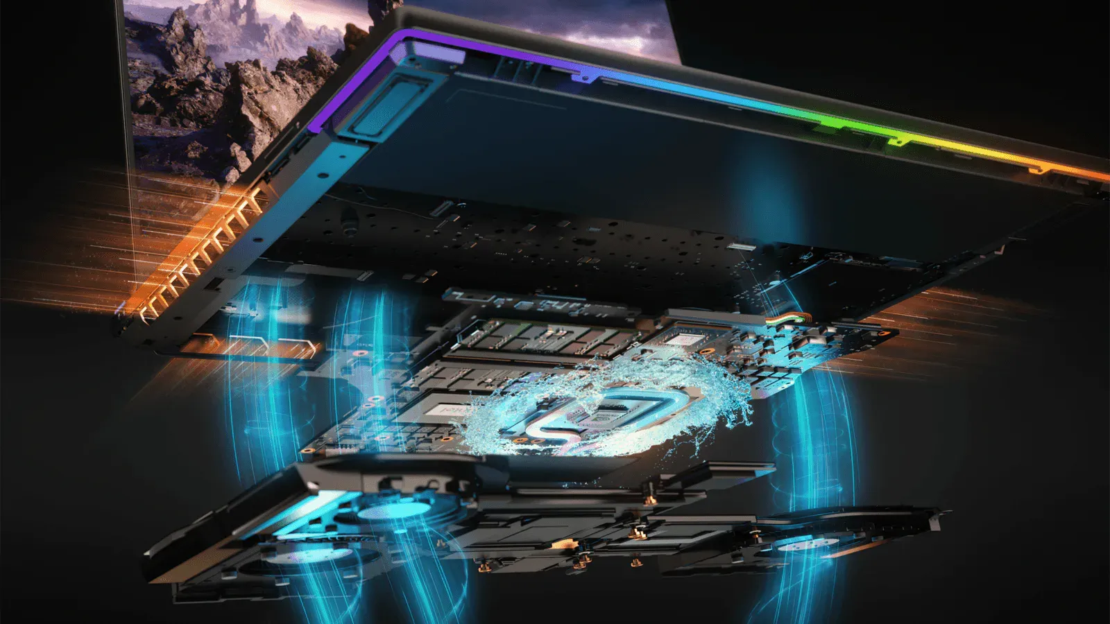 Lenovo Legion 9i vist åbent med bærbar skærm og kulfiberfinish.