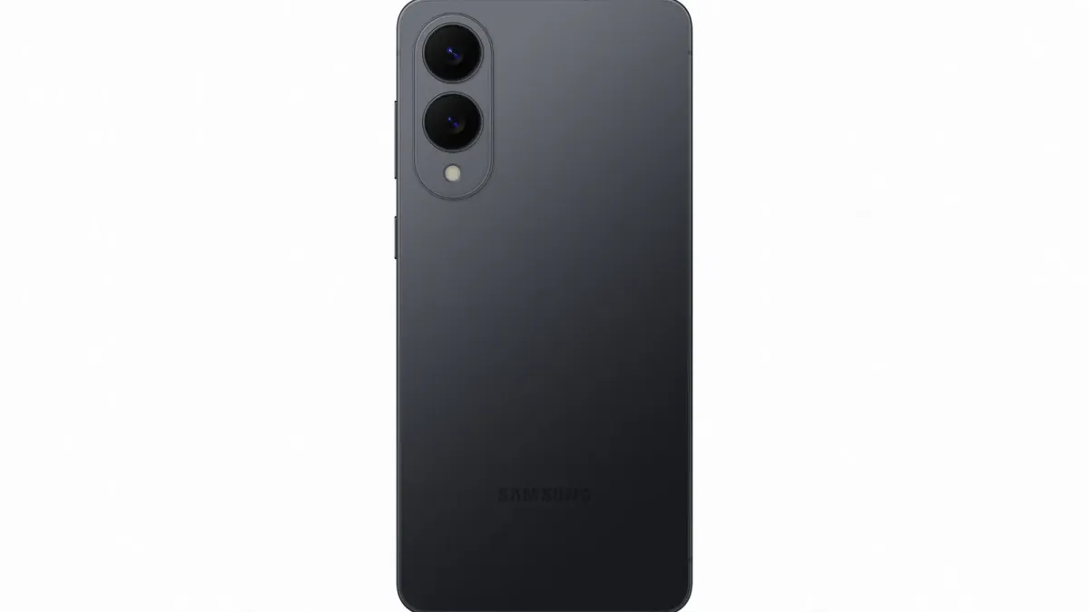Bagsiden af en sort Samsung Galaxy S25 Edge med to kameraer på hvid baggrund.