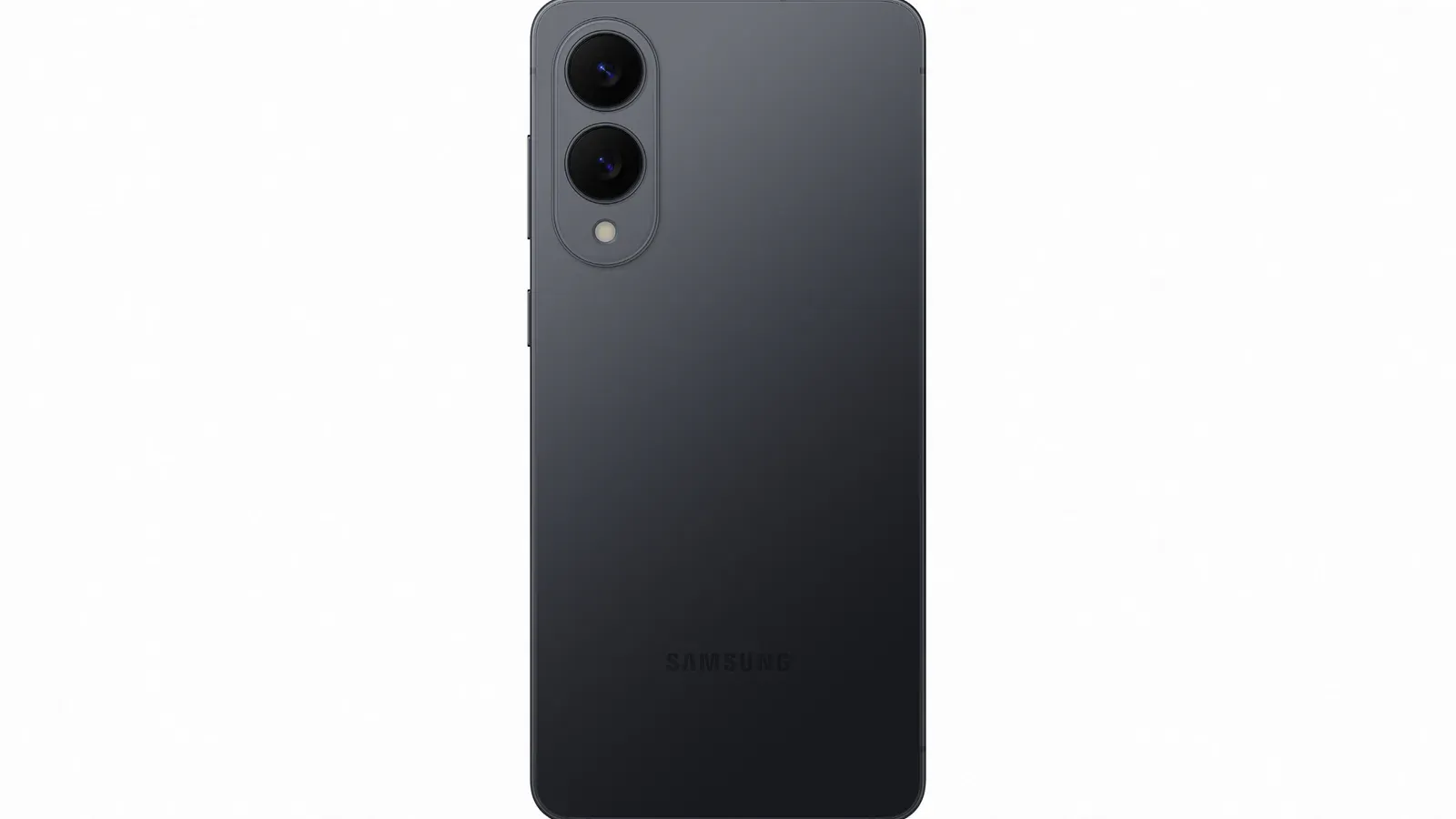 Bagsiden af en sort Samsung Galaxy S25 Edge med to kameraer på hvid baggrund.