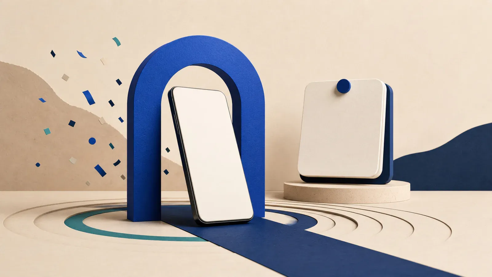 En generisk telefon passerer en blå lanceringsbue ved et tomt kalenderkort.