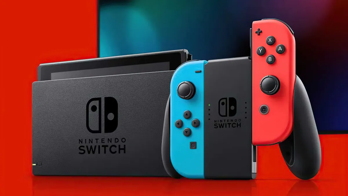 Nintendo Switch 2 i bordtilstand med kickstand og skærmen vendt mod kameraet.
