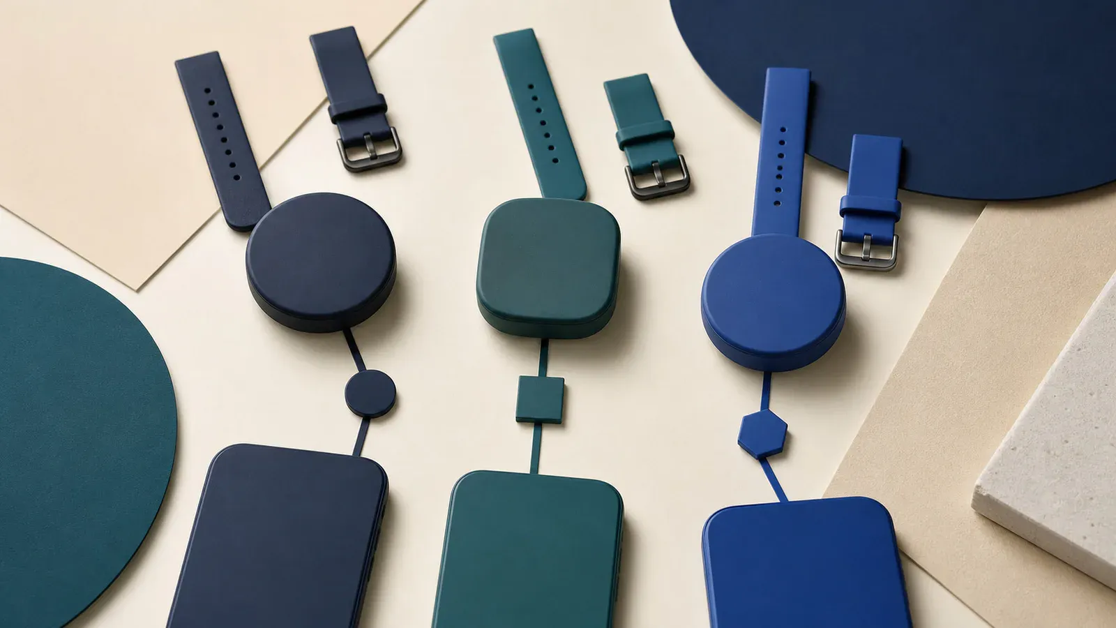 Tre generiske wearable-former forbindes med tomme telefonformer.