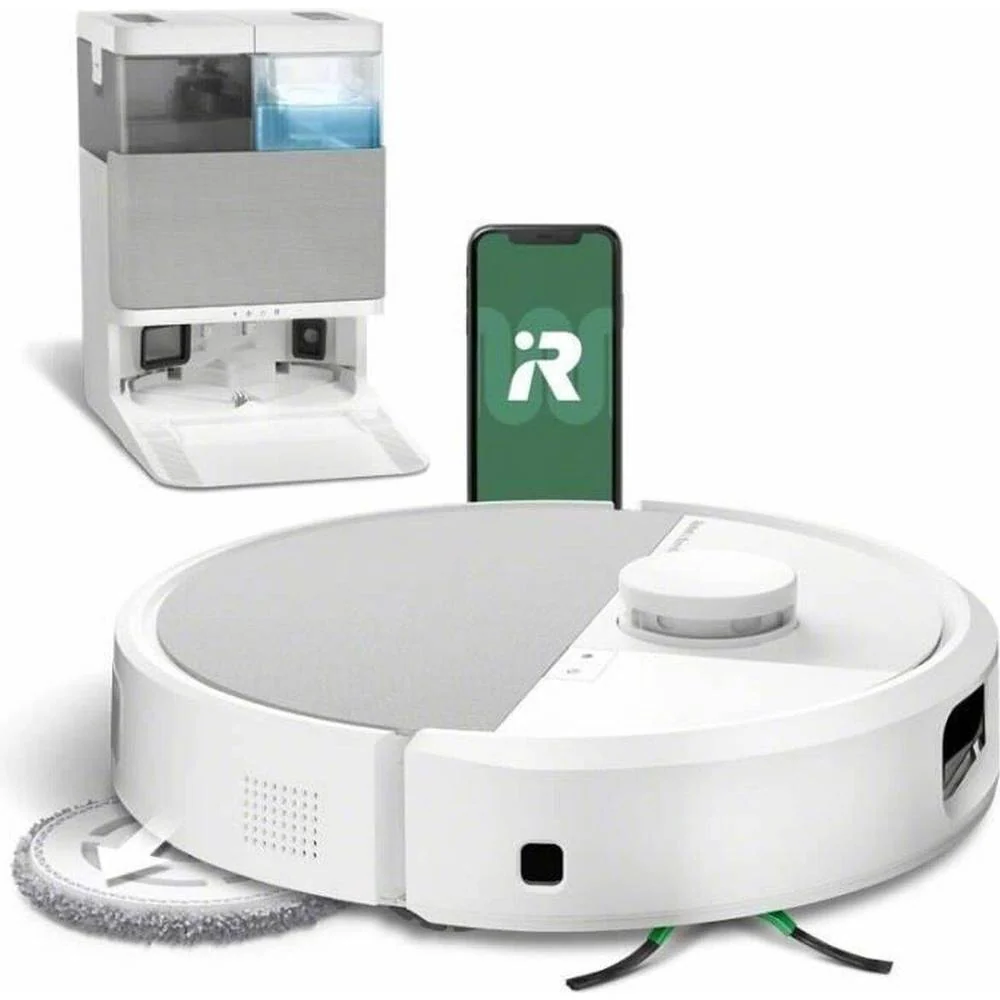 iRobot Roomba Plus 505 Combo i hvid med AutoWash-dock på en neutral baggrund.
