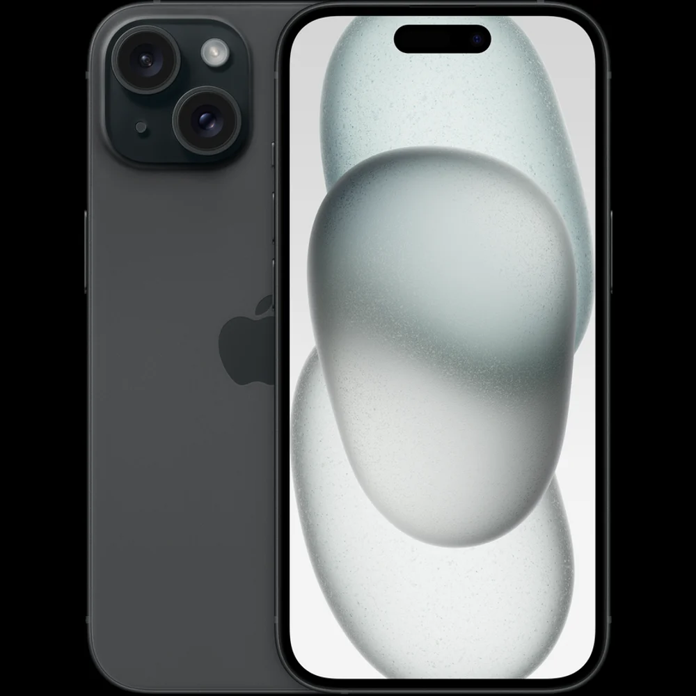 Apple iPhone 15, 128GB Black på en neutral baggrund.