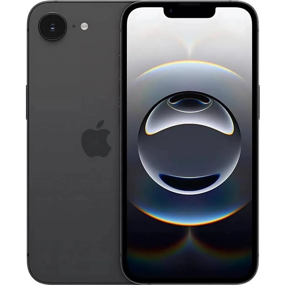 Apple iPhone 16e, 128GB Black på en neutral baggrund.