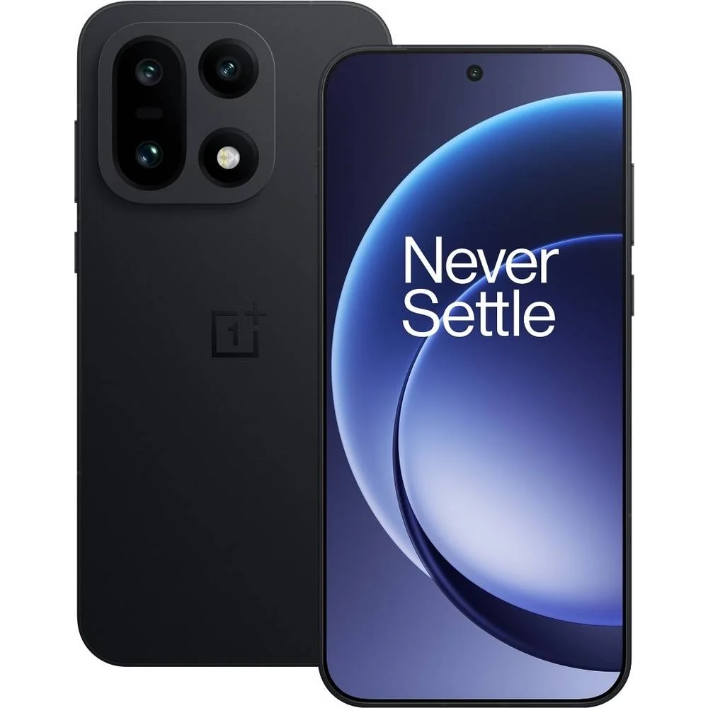 OnePlus 15 med 256 GB i sort på en neutral baggrund.