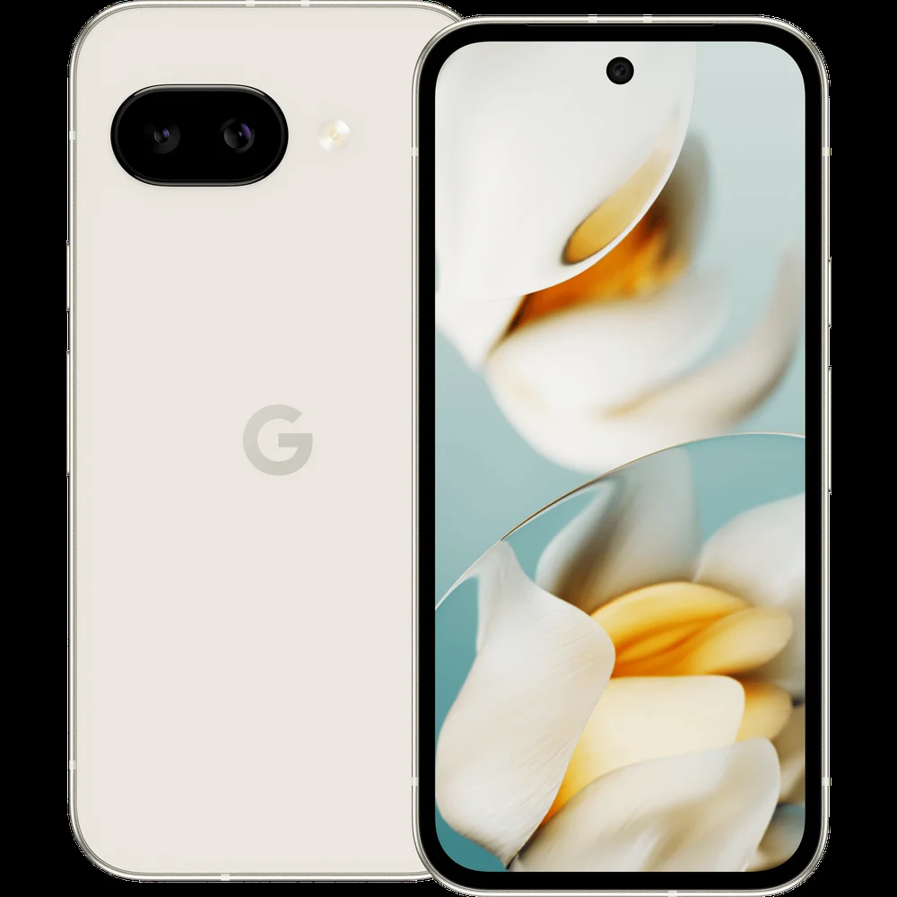 Google Pixel 9a med 128 GB i Porcelain på en neutral baggrund.