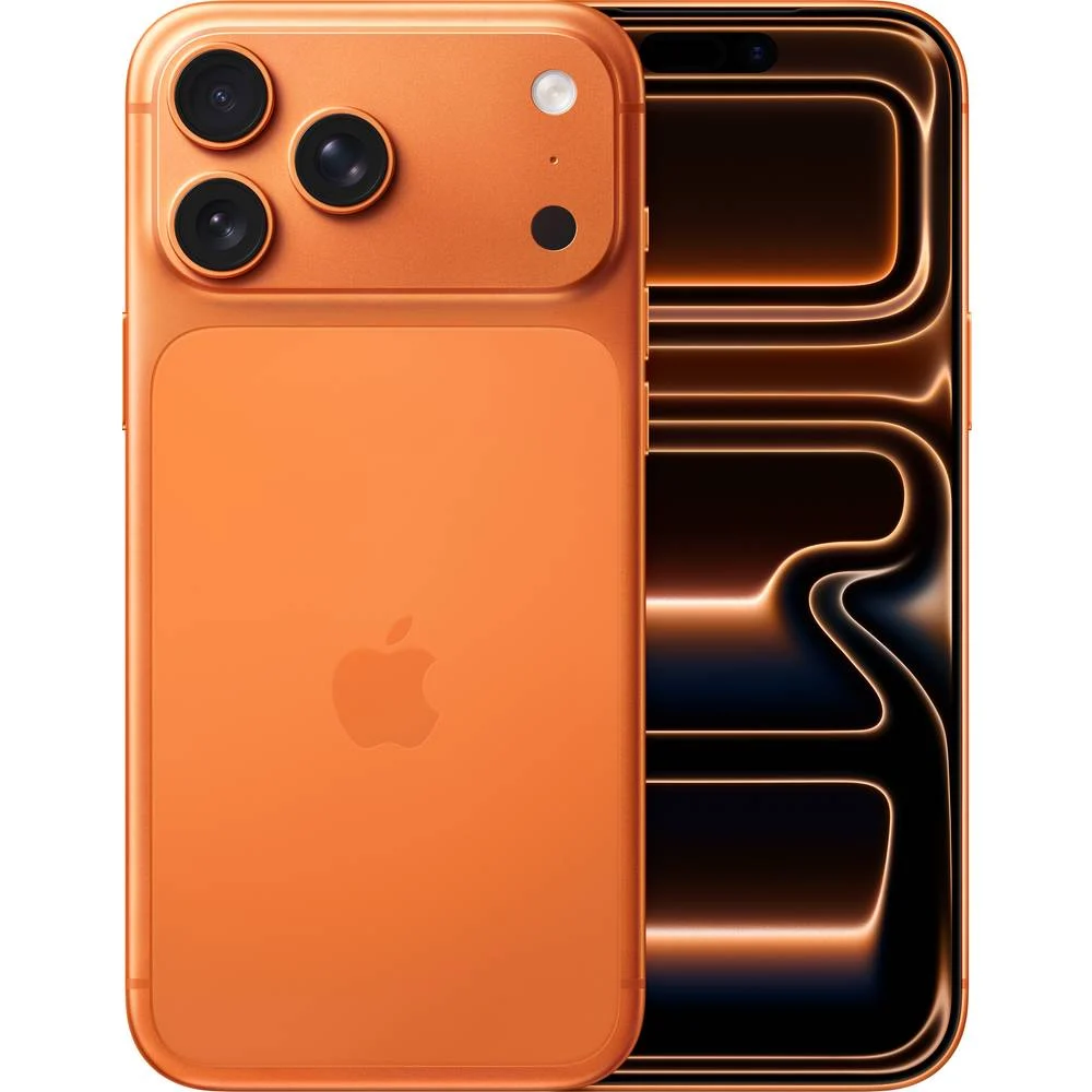 iPhone 17 Pro Max med 256 GB i Cosmic Orange på en neutral baggrund.