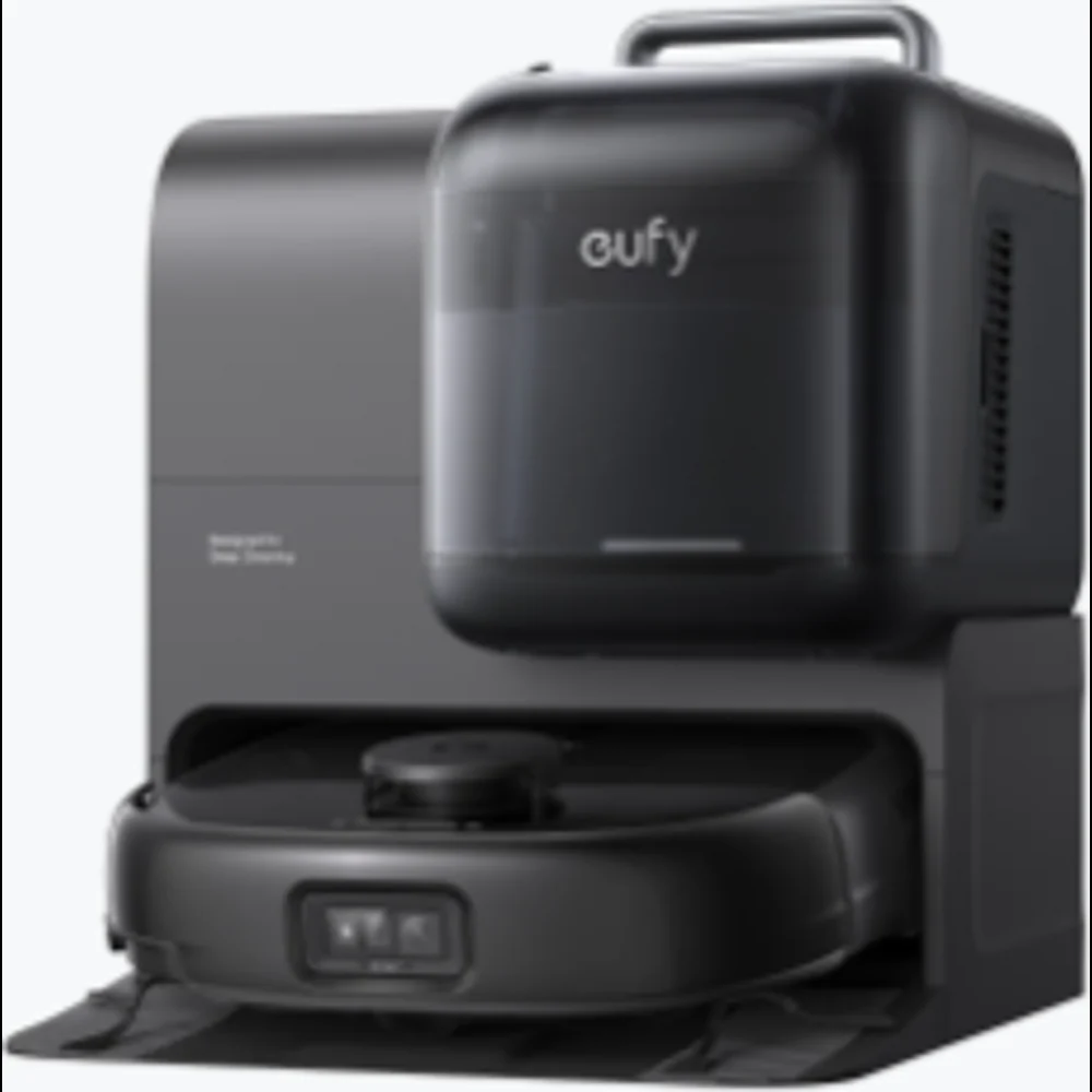 Eufy Omni E28 i sort med ladestation på en neutral baggrund.